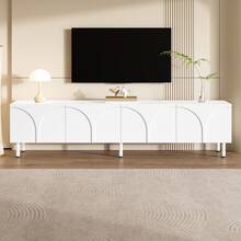 TV Stand/Living Room Side Table With Curved Lines In Three Dimensions, Four Doors, Two Separate Storage Compartments, Metal Legs. - 白色 - 查看 2