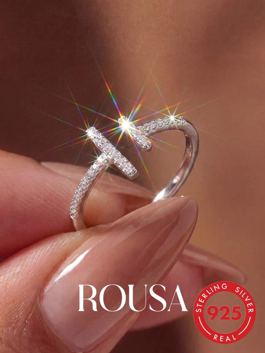 1pc 925 Sterling Silver Parallel Long & Short Diamond Inlaid Open Ring, Birthday Gift, Romantic Ladies Ring - Parallel - View 1