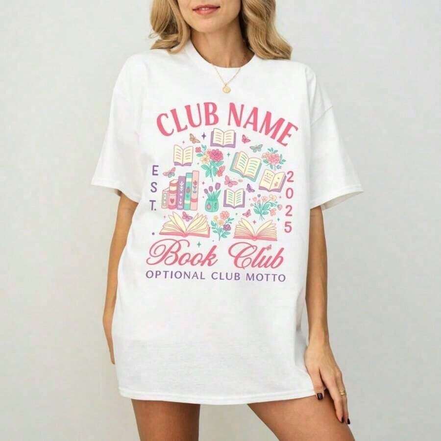 Playera Juvenil con Estampado de Libros Florales Cuello Redondo Básica Moda Estilo Retro Vintage Top Verano Uso Diario - Blanco - Ver 1