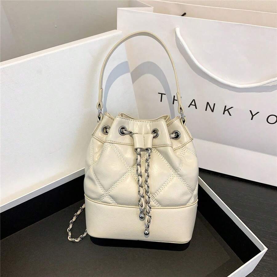 Women's Bucket Bag, Casual Straw Drawstring Crossbody Shoulder Bag - Rose Gold - View 1