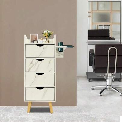 Salon Storage Cabinet With 4 Drawers, Salon Station Makeup Organizer With Hair Dryer Holders, Salon Trolley Makeup Holder For Hair Stylist Beauty Salon, H5.12in Drawers, Marble Color[A Good Gift For Family And Friends]