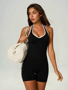 UONNOU Halter Neck Open Back Romper For Women, Contrast Trim Tummy Control Slim Sports Bodysuit - Black - View 7