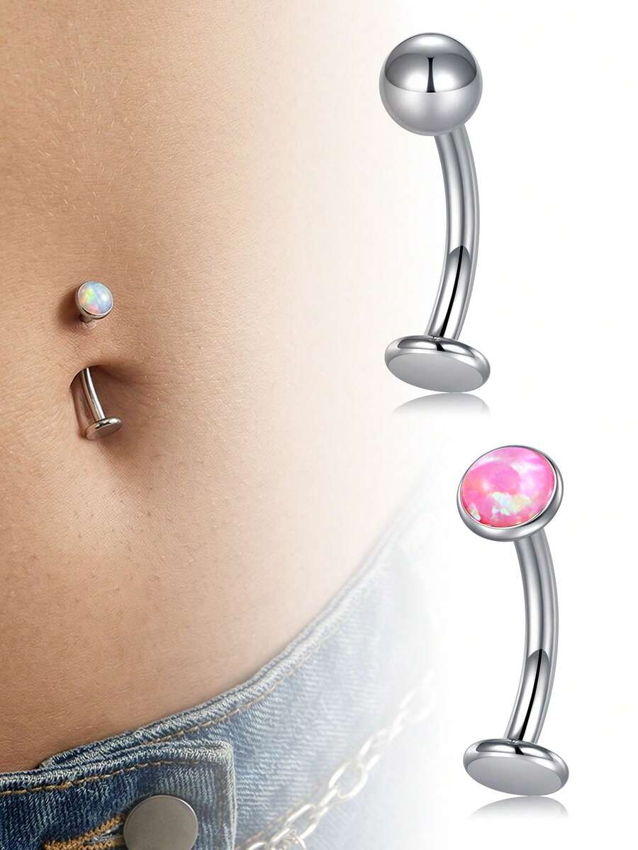 CIZME 2pcs Women's Titanium Alloy Floating Belly Button Rings, Internal Thread Opal Belly Piercing, Flat Back Belly Piercing, 10mm 12mm 14mm - Silver - View 1