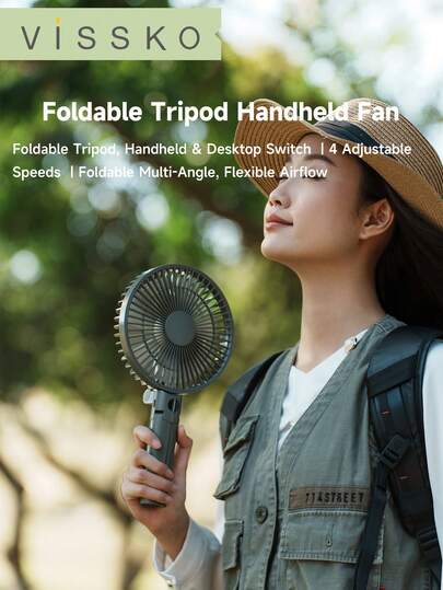 ViSSKO 3-in-1 faltbarer Handventilator mit Stativ, 4 Windgeschwindigkeiten mit Digitalanzeige, 3000mAh, geeignet für den Außenbereich