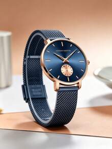 HANNAH MARTIN Exquisite Blue Women Watch Small Circular Second Hand,Fashion Waterproof Stainless Steel Mesh Strap Watch For Women,Suitable For Business&Dinner Wear - Round Small Seconds Hand Style - View 8