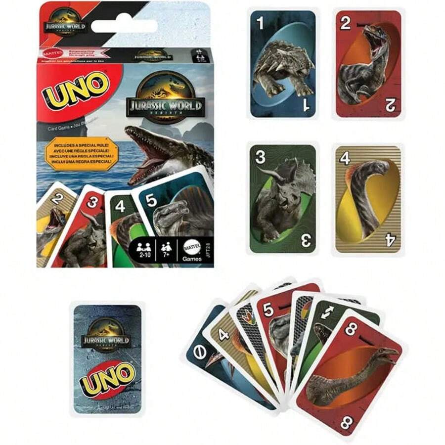 Mattel Rebirth Collection UNO 卡牌遊戲，經典配對卡牌遊戲附獨家 T-Rex 野卡動作卡，便攜旅行桌面玩具，適合多人玩家，適用於家庭遊戲之夜與派對，恐龍電影迷的生日、聖誕、節日禮物
