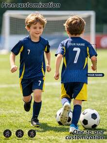 2pcs Set All-Over Print Burnout Boys Soccer Outfit, Personalized Name Customization/Club Best-Selling Jersey, #7 Print Navy Blue Soccer Uniform, Sports Player Style, Short Sleeve Shorts Set, Suitable For Boys Girls Sports Wear, Cycling, Outdoor Running, Soccer, Celebrity Style Soccer Outfit - Navy Blue - View 4