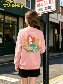 Disney Princess Ariel Seashell Cartoon Oversized Sweatshirt Teen Girl Clothes Double Print Crewneck Top - 藕粉色 - 查看 3