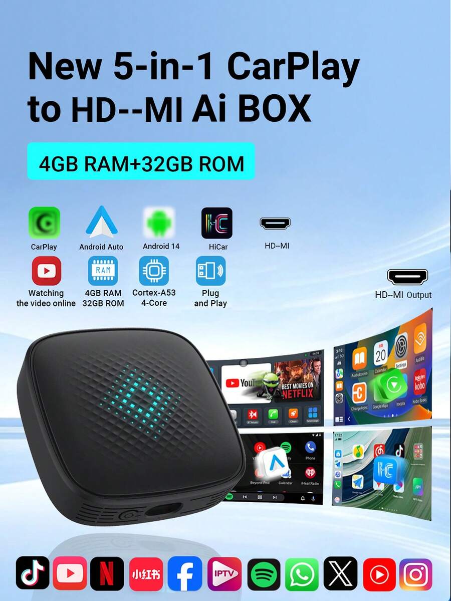 XUDA Nueva Caja AI CarPlay 5 en 1 con Salida HD, Android 14/CarPlay/Android Auto/HiCar, Soporta Cambio entre Cuatro Sistemas Operativos 4+32GB Ofrece Alto Rendimiento, Multifunción, Operación Estable y Fluida sin Interrupciones, y Aplicaciones Integradas - A - Ver 1
