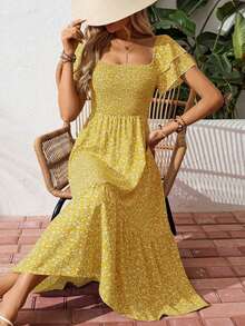 New Cross-Border Success In Europe And America: Long Floral Dress With Square Neck And Puff Sleeves. - Green - View 6