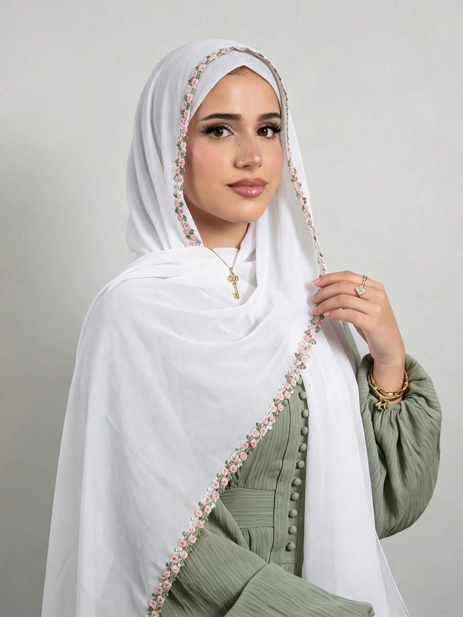 1 Buah Jilbab Chiffon Bordir Warna Polos untuk Wanita, Jilbab Chiffon Ringan, Nyaman, dan Serbaguna, Cocok untuk Pemakaian Kasual Sehari-hari