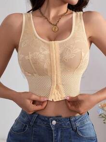Short Camisole With Front Buttons And Lace Details - Apricot - View 1