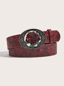 1pc Men's Belt, Fashionable Western Style Rose Flower Buckle, Red PU Embossed Strap, Suitable For Jeans Decoration Accessory - A - View 7