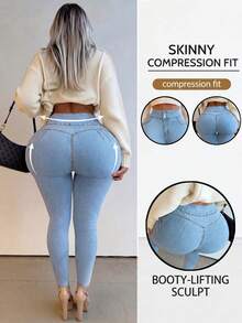 Plus Size Women's Solid Color Contrast Stitching Casual Home Tight Fit Jeans Fall - Blue - View 1