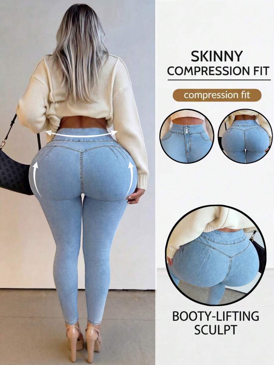 Plus Size Women's Solid Color Contrast Stitching Casual Home Tight Fit Jeans Fall - Blue - View 1