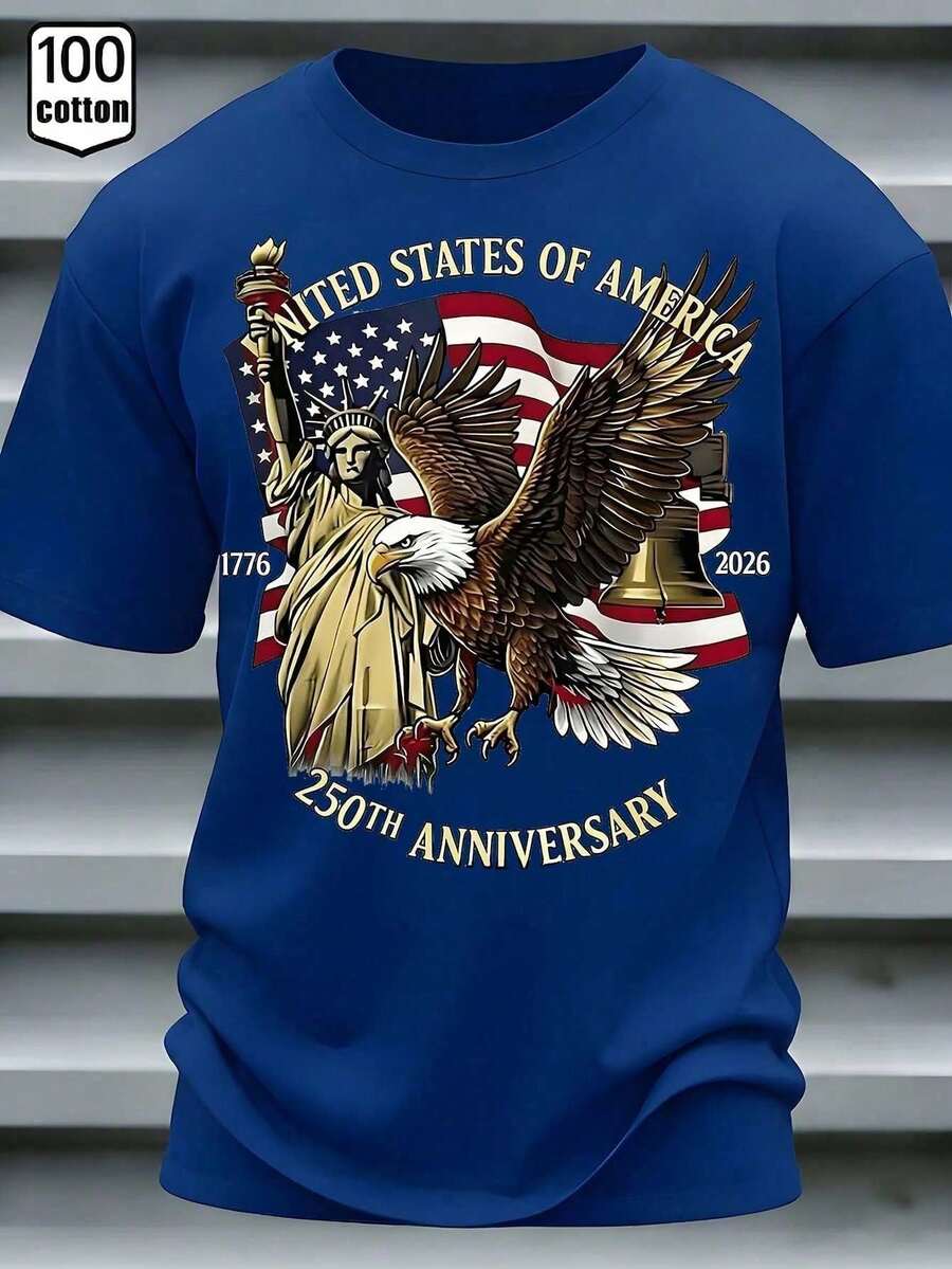 Men's 100% Cotton Patriotic Graphic T-Shirt - 250th Anniversary Of The United States Semi-Quincecentennial T-Shirt, Vintage Print Of The American Flag, Eagle And The E - 白色 - 查看 1
