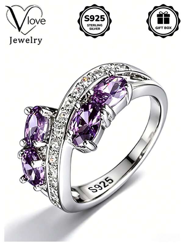 1pc S925 Sterling Silver Luxury Purple Cubic Zirconia Ring, Daily Wear Valentine's Day Gift Choice, Comes With Gift Box