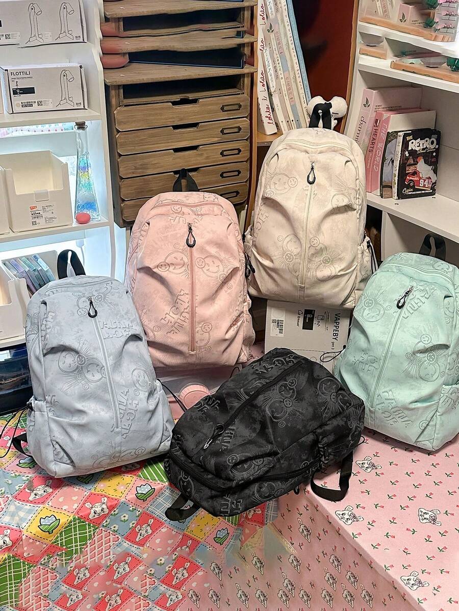 1個/4個 入學季壓紋卡通大容量後背包，輕量防水尼龍美學學生書包，多口袋日常背包，適合青少年女生學生旅行用品