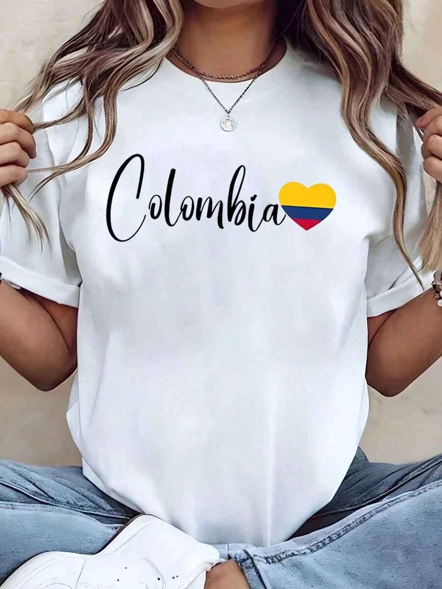 Camiseta Básica Mexicana para Mujer, Paquete de 1, Estampado de Bandera de Corazón de Colombia, Cuello Redondo, Corte Holgado Casual, para Uso Diario, Regalo de Recuerdo de Viaje, 220g, Suav - Blanco - Ver 1