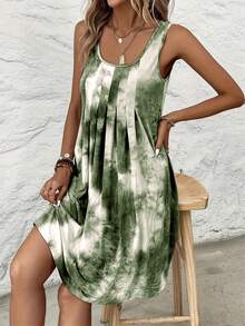 Vestido casual sin mangas holgado, cuello redondo con estampado tie-dye, talla plus para mujer - Morado - Ver 10