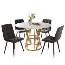 Dining Table Set (5-Piece), Dining Table Set With 4 Chairs, Kitchen Table Set, Round Dining Table With 100 Cm Diameter And Gold Metal Legs, White MDF Tabletop, Dining Chairs In Dark Grey Velvet - 彩色 - 查看 4
