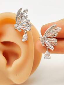 1pc Exquisite Elegant Butterfly Fairy Wing Water Drop Zirconia Ear Cuff, Niche Design No Piercing Copper Ear Accessory, High-End Women's Daily Evening Wedding Commute Style - Butterfly Wing Ear Bone Clip - View 6