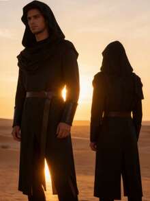 Men's Dark Medieval Hooded Long Robe Set, Vintage Gothic Style Detachable Hooded Cape + Slit Long Inner Robe, Paired With Brown Leather Belt And Lace-Up Leather Wrist Guards, Loose Fit With Slimming Effect And Great Drape, Breathable And Durable Fabric, Versatile For Dark Ranger, Hermit, Wizard, Night Walker And Other Role-Play, Inclusive Fit For Various Body Types, Perfect For Photo Atmosphere, Role-Play Costume Piece - Black - View 6