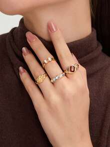 Ashenrae 4pcs/Set Retro Colorful Resin Rings Set For Women, Daily Wear - Multicolor - View 2