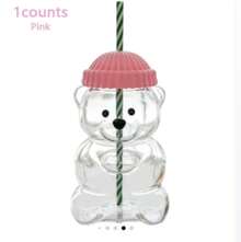 Tasse en verre vintage motif ours mignon – Gobelet ours en peluche avec couvercle en forme de chapeau et paille rayée pour café et boissons froides - défaut - Voir 13