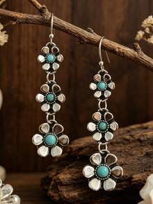 1 Pair Western Bohemian Style Three-Layer Flower Turquoise Inlaid Distressed Vintage Holiday Earrings - Antique Silver - View 7