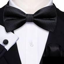 5Pcs Black Geometric Water Ripple Men Accessory Set, Bow Tie Pocket Square Cufflinks Ring Boutonniere, Random Cufflink Patterns, For Groom Wedding - Black - View 4