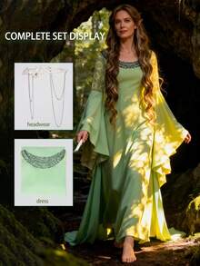 Elf Cosplay Costume Medieval Dress Long Bell Sleeves Round Neck Woven Fabric Stage Performance Women Fantasy Outfit Fall - Green - View 1