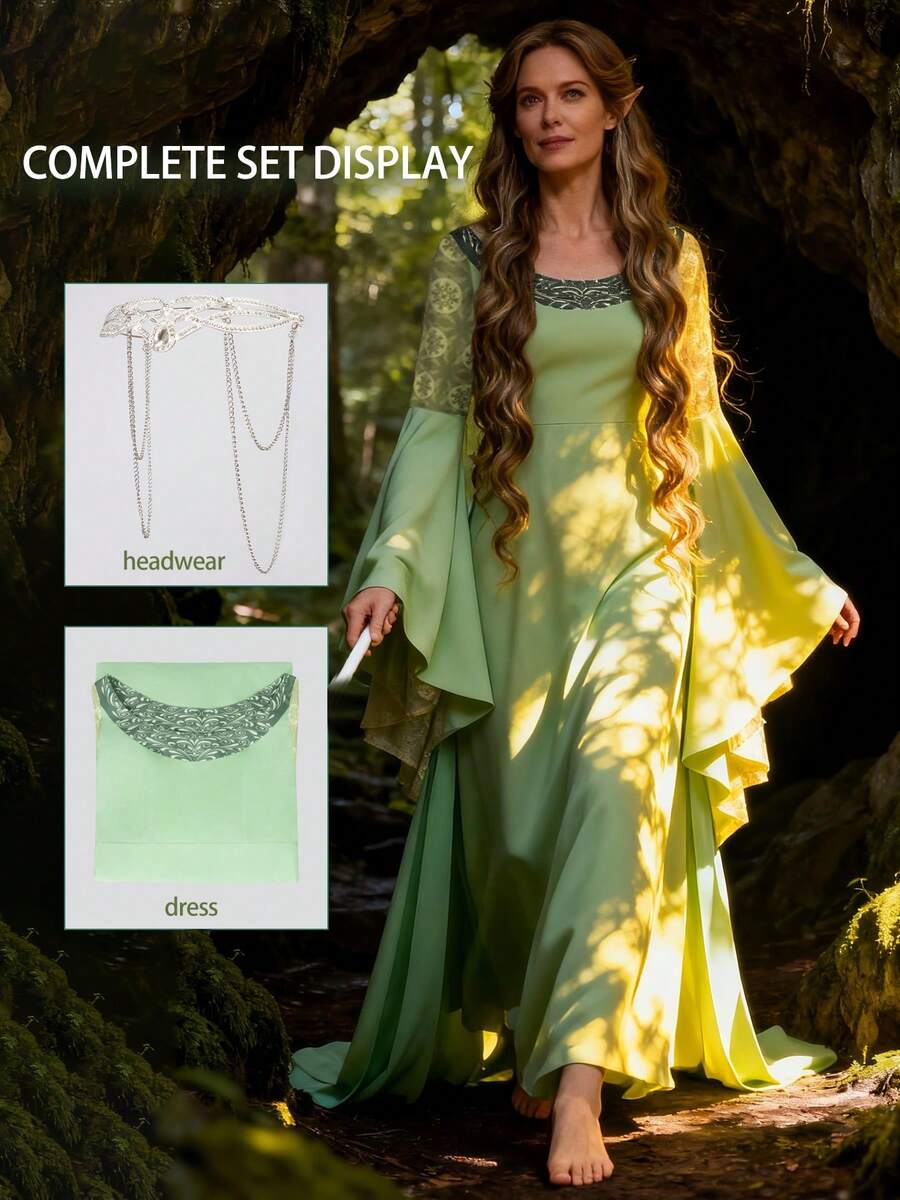 Elf Cosplay Costume Medieval Dress Long Bell Sleeves Round Neck Woven Fabric Stage Performance Women Fantasy Outfit Fall - Green - View 1