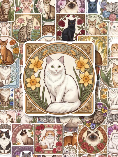 50Pcs Vintage Art Nouveau Floral Cat Stickers, Ornate Frame Feline Scene Decals, Ragdoll, Maine Coon & Sphynx Stickers With Wildflower Borders, Soft Retro Pastel Tone, Decor For Journal, Envelope, Phone Case, Scrapbook & Cat Lover Crafts