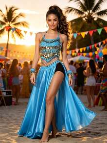 Belly Dance Coin Fringe Mesh Halter Crop Top, Double High Slit Flowy Satin Maxi Skirt For Stage Performance & Carnival - Multicolor - View 18