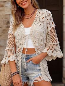 Cárdigan de croché calado, top versátil de cuello redondo y media manga, nueva camisa con protección solar, adecuada para primavera y verano - Blanco - Ver 2
