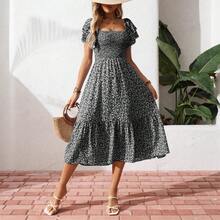 New Cross-Border Success In Europe And America: Long Floral Dress With Square Neck And Puff Sleeves. - Green - View 2