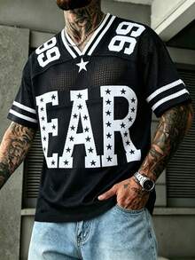 Men's Summer Casual Fashion Streetwear Daily Commute Star & Letter Print Knit Mesh Sports Jersey Top - Black - View 1
