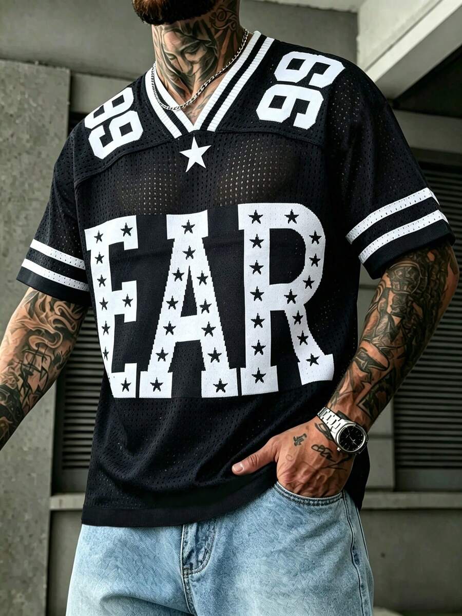 Men's Summer Casual Fashion Streetwear Daily Commute Star & Letter Print Knit Mesh Sports Jersey Top - Black - View 1
