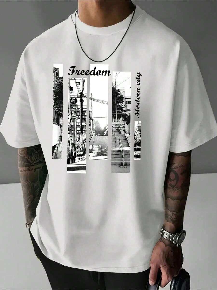 Men's T-Shirt, Printed T-Shirt, Urban Casual Style, Short Sleeve, Loose Crew Neck, Gift For Men, Men's Clothing - 白色 - 查看 1