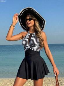 yonghongmaoyi1 Swim Lushoire Vestido de playa sin mangas con tirantes, de estilo de patchwork a rayas y de unicolor, adecuado para vacaciones de vera - Blanco y Negro - Ver 5
