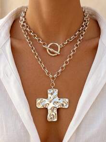 BOHO 1pc Vintage French Elegant Fashion Hip Hop Bohemian Vacation Style Exaggerated Thick Chunky Chain Cross Pendant OT Clasp Tassel Long Silver Necklace Set Personalized Unique Y2K Multi-Piece Layered Y-Shaped Collarbone Sweater Chain Suitable For Women Summer Beach Vacation Party Evening Banquet Music Festival Date Gift Daily Wear All Season Versatile Jewelry - Silver - View 1