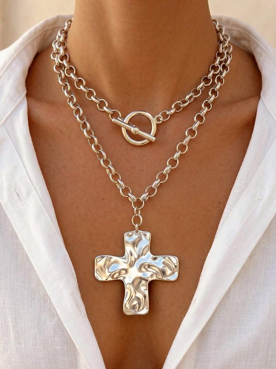 BOHO 1pc Vintage French Elegant Fashion Hip Hop Bohemian Vacation Style Exaggerated Thick Chunky Chain Cross Pendant OT Clasp Tassel Long Silver Necklace Set Personalized Unique Y2K Multi-Piece Layered Y-Shaped Collarbone Sweater Chain Suitable For Women Summer Beach Vacation Party Evening Banquet Music Festival Date Gift Daily Wear All Season Versatile Jewelry - Silver - View 1