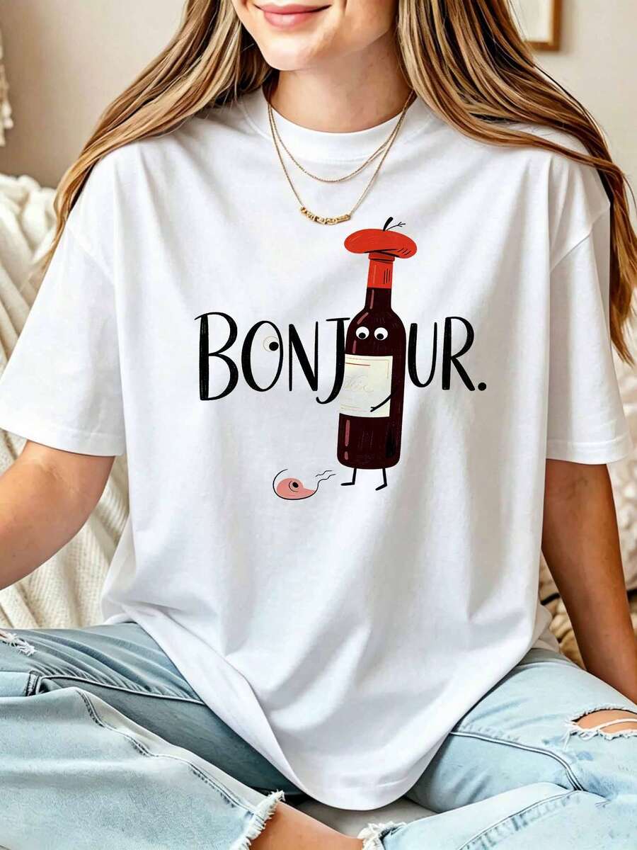T-shirt graphique original pour femme, motif bouteille de vin introspective, avec inscription humoristique << BONJOUR ». Haut d'été décontracté imprimé. - Blanc - Voir 1