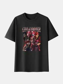 Camiseta Unisex Manga corta, Gráfico decorativo personajes Vi de Arcane con texto Girl Dinner, Playera Algodón fresco juvenil estilo playero Ocasional para verano tropical - Negro - Ver 2