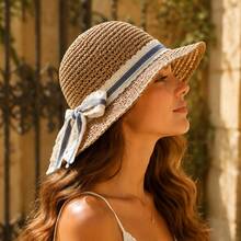 Sombrero de paja para salidas de verano y vacaciones, transpirable y plegable, sombrero de ala ancha para protección solar para mujeres. - Caqui - Ver 4