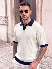 Men's Knitted Polo Shirt, Contrast Color Collar, Short Sleeve, Loose Fit, Dropped Shoulder, Italian Luxury Style, Vertical Stripe Texture, Color Block Trim, Spring/Summer - White - View 4