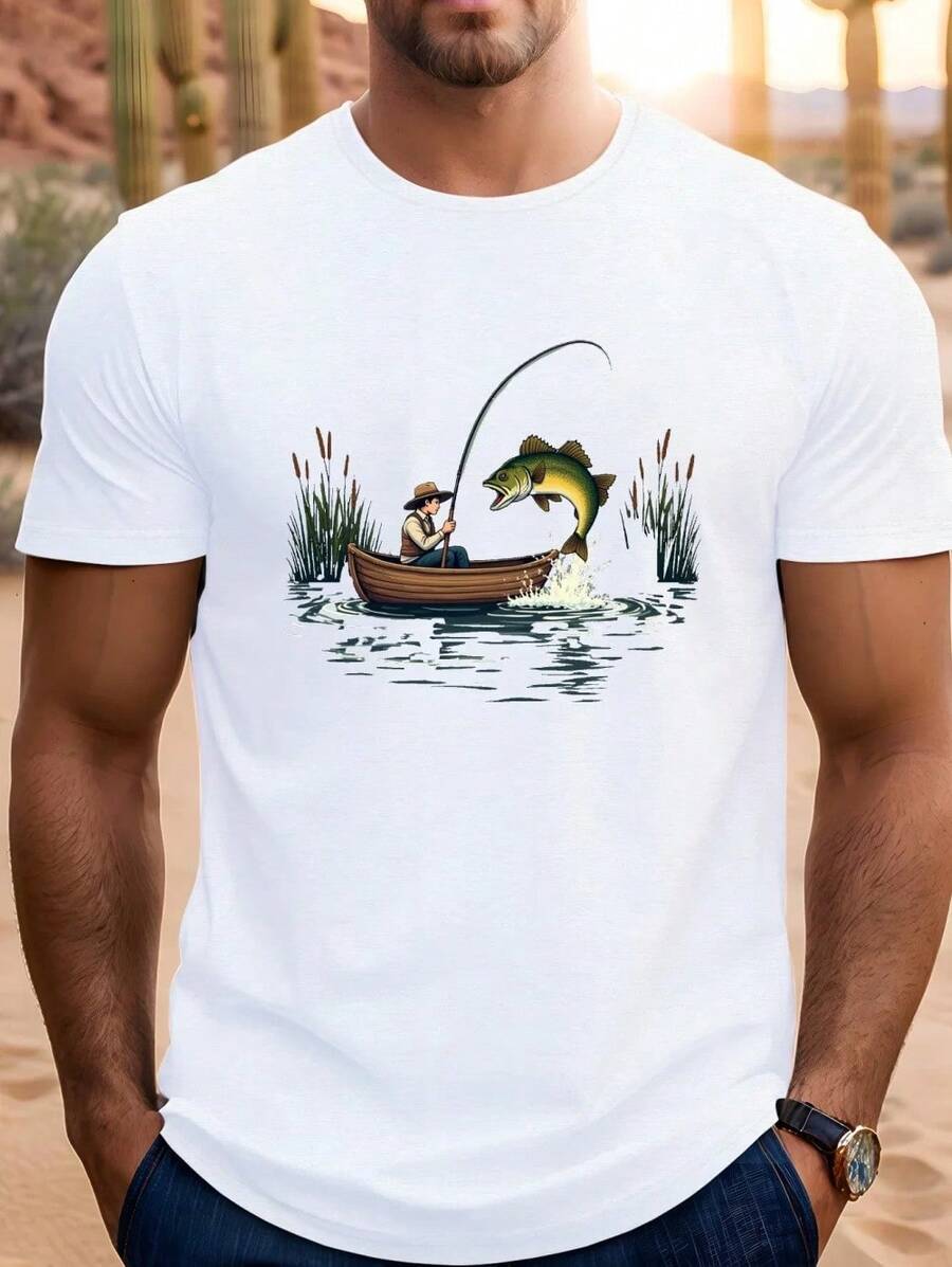 Men's Summer T-Shirt, Plus Size, With Fishing Print, Jumping Fish And Fisherman, Casual Short Sleeve T-Shirt, Modern Urban Clothing For Men - 白色 - 查看 1