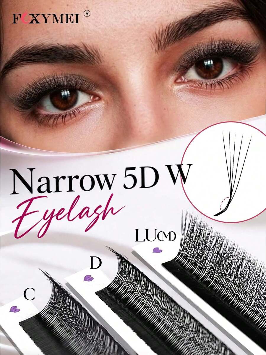 FOXYMEI 12-Row Narrow Angle 5D W-Shape Eyelash Extensions C/D Curl, Imported Material Handmade False Lashes, 8-15mm, Automatic Bloom Voluminous Style, 0.07mm, Dense Full Makeup Look, High Quality Wholesale