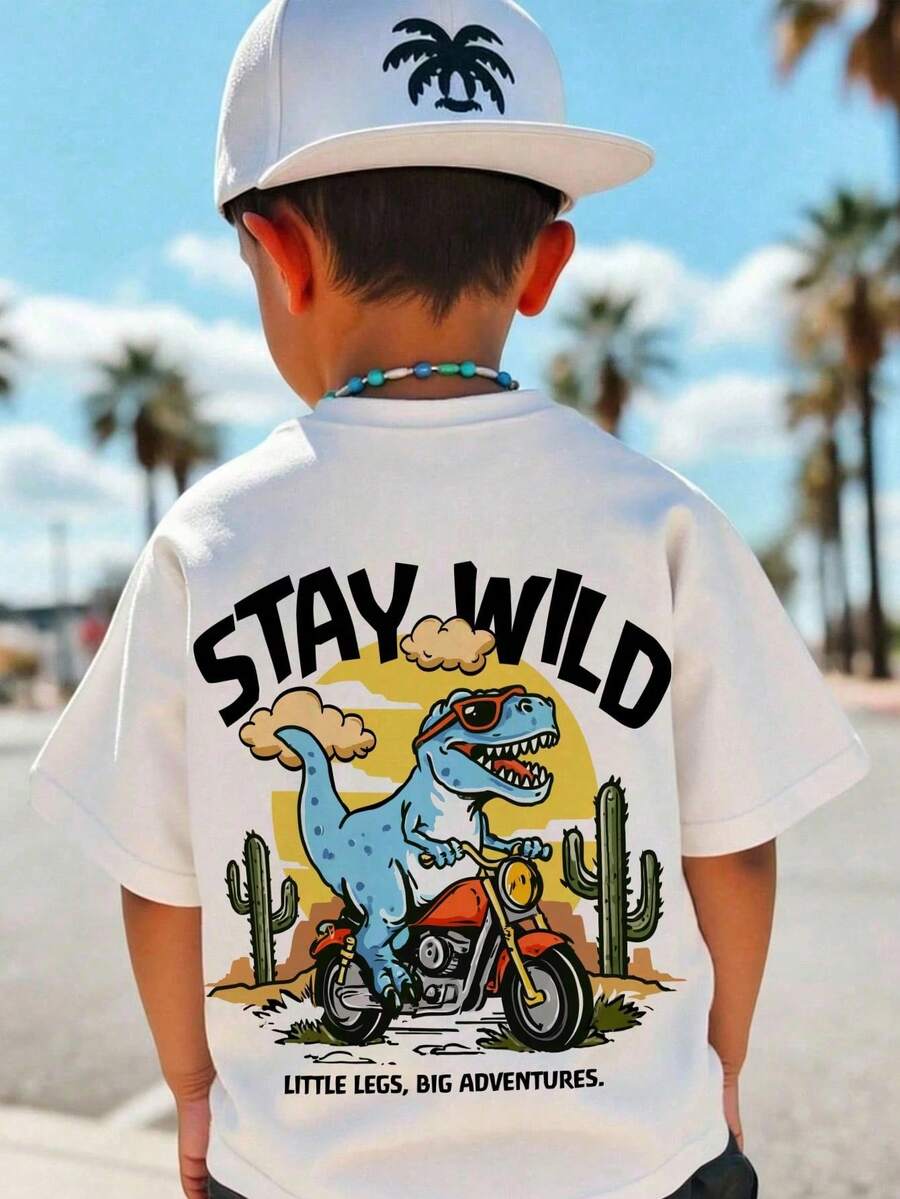 Playeras Ropa De Niño Playeras De Niño Conjunto De Niña Ropa De Adolecente Playeras De NiñaCamiseta de manga corta con cuello redondo para niño con estampado de plantas tropicales y palmeras - Blanco - Ver 1